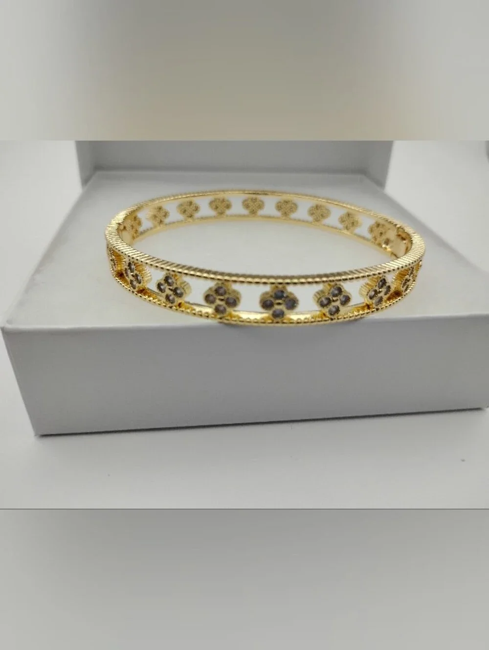 Gold Clover Crystal Filled Clasp Bangle Bracelet